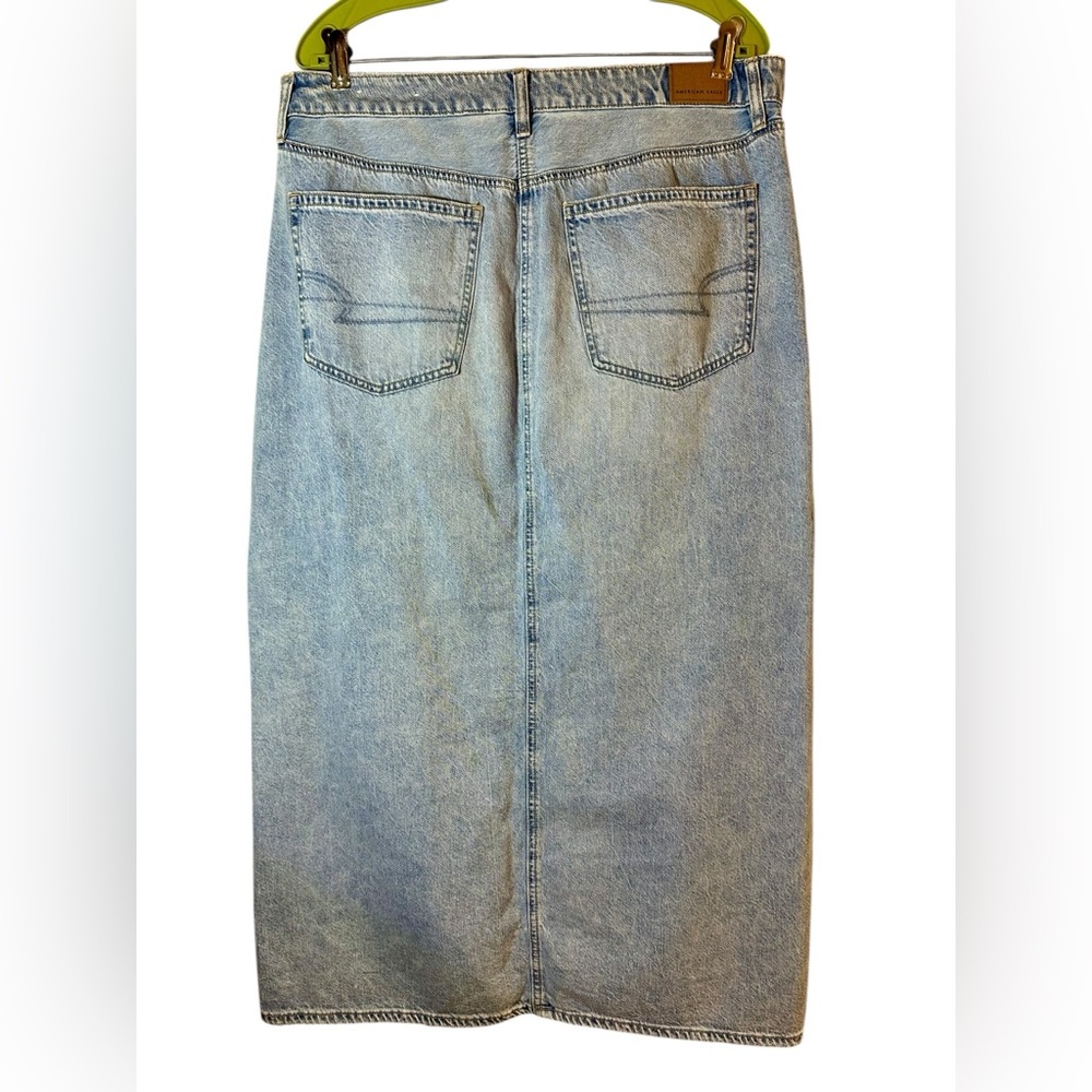 American Eagle AE Dreamy Drape Low Rise Denim Maxi Skirt Front Slit Womens 12 - Picture 6 of 9